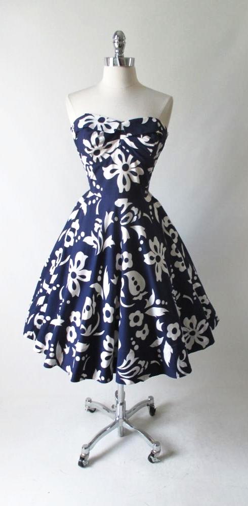 Vintage 50's 60's Blue Hawaiian White Print Full Swing Skirt Dress - Bombshell Bettys Vintage