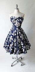 Vintage 50's 60's Blue Hawaiian White Print Full Swing Skirt Dress - Bombshell Bettys Vintage