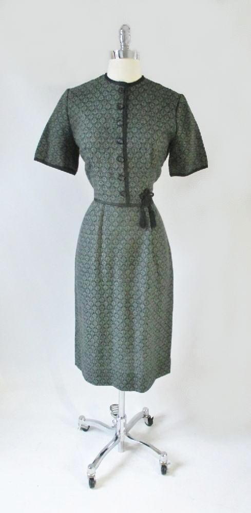 Vintage 50's Green Floral Knit Sheath Dress Tassel Detail M - Bombshell Bettys Vintage