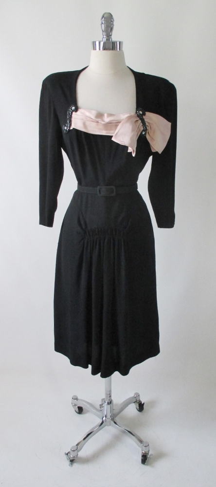 Vintage 40's Black Beaded & Peach Satin Bow Party Dress M - Bombshell Bettys Vintage