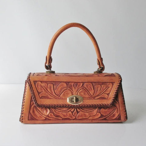 Vintage 50's Tooled Leather Top Handle Box Handbag