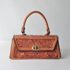 Vintage 50's Tooled Leather Top Handle Box Handbag - Bombshell Bettys Vintage