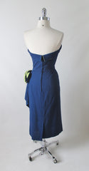 Vintage 50's Navy Blue Chartreuse Roses Strapless Sheath Dress & Wrap M - Bombshell Bettys Vintage