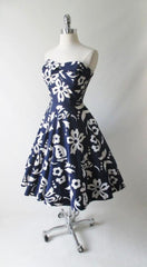 Vintage 50's 60's Blue Hawaiian White Print Full Swing Skirt Dress - Bombshell Bettys Vintage
