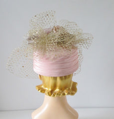 Vintage WHITTALL & SHON Pink Roses Gold Net Veil Pillbox Hat - Bombshell Bettys Vintage