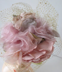 Vintage WHITTALL & SHON Pink Roses Gold Net Veil Pillbox Hat - Bombshell Bettys Vintage