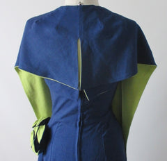Vintage 50's Navy Blue Chartreuse Roses Strapless Sheath Dress & Wrap M - Bombshell Bettys Vintage