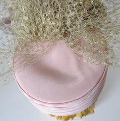 Vintage WHITTALL & SHON Pink Roses Gold Net Veil Pillbox Hat - Bombshell Bettys Vintage