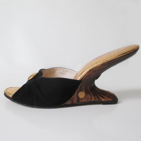 Vintage 60's Black & Gold Polka Dot Floating Cantilever Heels / Shoes 9