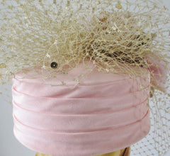 Vintage WHITTALL & SHON Pink Roses Gold Net Veil Pillbox Hat - Bombshell Bettys Vintage