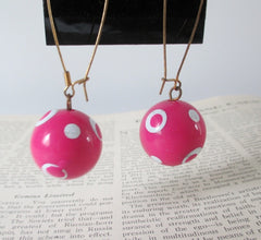 Vintage 80's Big Pink Plastic Ball Polka Dot Dangle Earring NOS - Bombshell Bettys Vintage