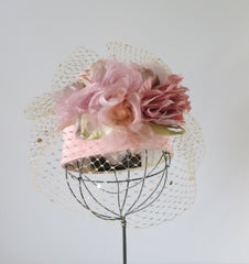 Vintage WHITTALL & SHON Pink Roses Gold Net Veil Pillbox Hat - Bombshell Bettys Vintage