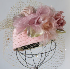 Vintage WHITTALL & SHON Pink Roses Gold Net Veil Pillbox Hat - Bombshell Bettys Vintage