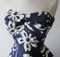 Vintage 50's 60's Blue Hawaiian White Print Full Swing Skirt Dress - Bombshell Bettys Vintage