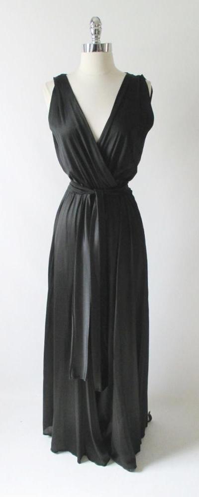 Vintage 70's Black Draped Wide Leg Palazzo Pants Jumpsuit L - Bombshell Bettys Vintage