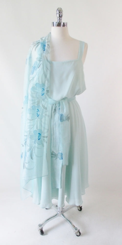 Vintage 70's Airy Blue Summer Dress & Beaded Flower Shawl L - Bombshell Bettys Vintage