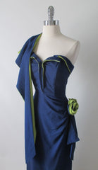 Vintage 50's Navy Blue Chartreuse Roses Strapless Sheath Dress & Wrap M - Bombshell Bettys Vintage