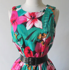 • Vintage 80's / 50's Inspired Tropical Flowers Full Skirt Day Dress - Bombshell Bettys Vintage