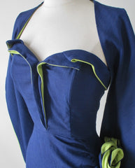 Vintage 50's Navy Blue Chartreuse Roses Strapless Sheath Dress & Wrap M - Bombshell Bettys Vintage