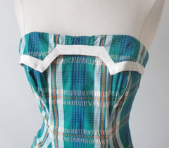Vintage 50's Rose Marie Ried Turquoise Plaid One Piece Swimsut S - Bombshell Bettys Vintage