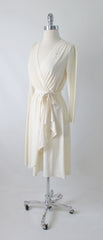Vintage 70's 40's Style Cream Crepe Long Sleeve Day Dress M - Bombshell Bettys Vintage