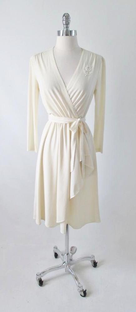 Vintage 70's 40's Style Cream Crepe Long Sleeve Day Dress M - Bombshell Bettys Vintage