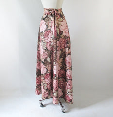 Vintage 70's Wrap Around Pink Roses Maxi Skirt L / M - Bombshell Bettys Vintage