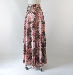 Vintage 70's Wrap Around Pink Roses Maxi Skirt L / M - Bombshell Bettys Vintage