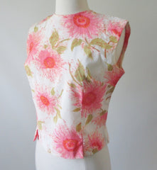 Vintage 60's 50's Sleeveless Pink Flower Button Back Shell Top - Bombshell Bettys Vintage