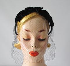 Vintage 50's Black Velvet Crown Cap Netted Veil Hat - Bombshell Bettys Vintage