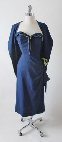 Vintage 50's Navy Blue Chartreuse Roses Strapless Sheath Dress & Wrap M