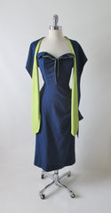 Vintage 50's Navy Blue Chartreuse Roses Strapless Sheath Dress & Wrap M - Bombshell Bettys Vintage