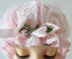 Vintage Pink Chiffon & Lace Bouffant Shower Bathing Cap Hat - Bombshell Bettys Vintage