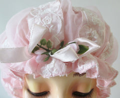 Vintage Pink Chiffon & Lace Bouffant Shower Bathing Cap Hat - Bombshell Bettys Vintage