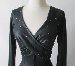 Vintage 70's Fredericks of Hollywood Liquid Satin Studded Jumpsuit Catsuit - Bombshell Bettys Vintage