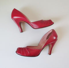 Vintage Red 50's Peep Toe Heels Shoes 8 - Bombshell Bettys Vintage