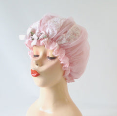 Vintage Pink Chiffon & Lace Bouffant Shower Bathing Cap Hat - Bombshell Bettys Vintage