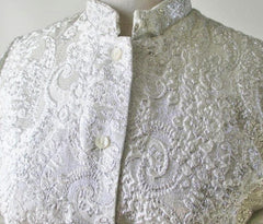 Vintage 60's MOD Silver Damask White Satin Nehru Evening Blouse / Jacket L - Bombshell Bettys Vintage