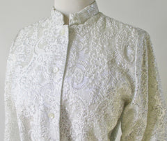 Vintage 60's MOD Silver Damask White Satin Nehru Evening Blouse / Jacket L - Bombshell Bettys Vintage
