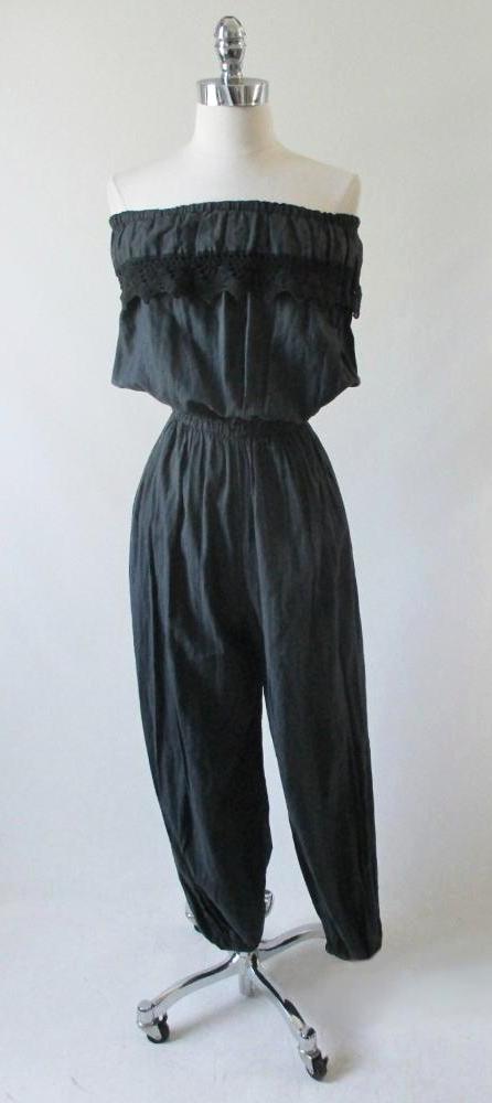 Vintage 80's Black Gauze Strapless Jumpsuit M L - Bombshell Bettys Vintage