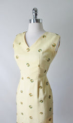 Vintage 50's Yellow Linen Embroidered Sheath Dress S - Bombshell Bettys Vintage