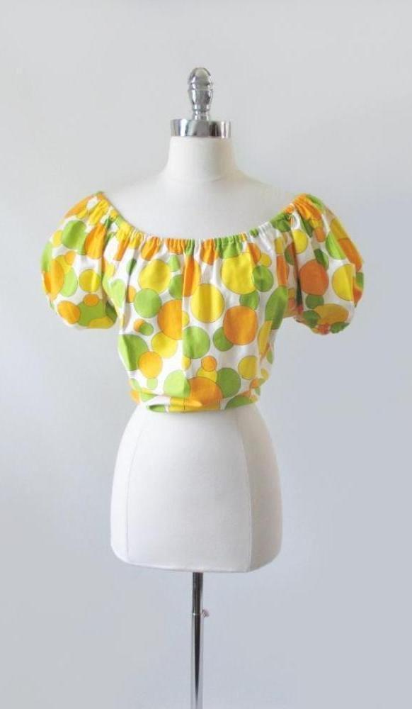 Vintage 60's Bubbles Off The Shoulder Peasant Blouse Top M - Bombshell Bettys Vintage