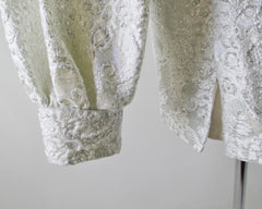 Vintage 60's MOD Silver Damask White Satin Nehru Evening Blouse / Jacket L - Bombshell Bettys Vintage