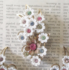 Vintage 50's 60's Emmons Thermoplastic Celluloid White Flower Pastel Rhinestone Brooch Earrings Set - Bombshell Bettys Vintage