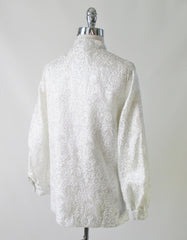 Vintage 60's MOD Silver Damask White Satin Nehru Evening Blouse / Jacket L - Bombshell Bettys Vintage
