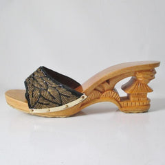 Vintage 40's Style Gold Beaded Souvenir Carved Wood Heels Shoes 9 - Bombshell Bettys Vintage