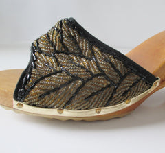 Vintage 40's Style Gold Beaded Souvenir Carved Wood Heels Shoes 9 - Bombshell Bettys Vintage
