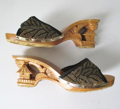 Vintage 40's Style Gold Beaded Souvenir Carved Wood Heels Shoes 9 - Bombshell Bettys Vintage