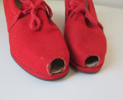 Vintage 40's Red Canvas Peep Toe Wedge Heels Casual Shoes 8 - Bombshell Bettys Vintage