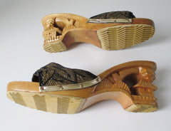 Vintage 40's Style Gold Beaded Souvenir Carved Wood Heels Shoes 9 - Bombshell Bettys Vintage